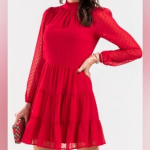 Plus-size Red Swiss-dot Tiered Long-sleeve Dress - Size 3X